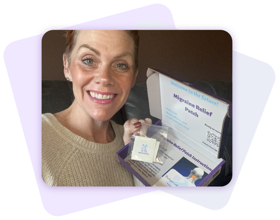 A woman is smiling and showing Restore patches inside a releasable plastic with a box of Restore Patch opened behind her.